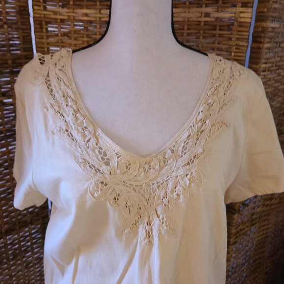 VTG Lauren Ralph Lauren Cap Sleeve Blouse Cotton Lace Trim Neckline SZ L Y2K - Picture 2 of 5
